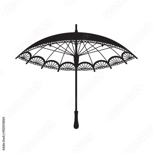 Elegant black parasol silhouette with intricate lace detailing and curved handle