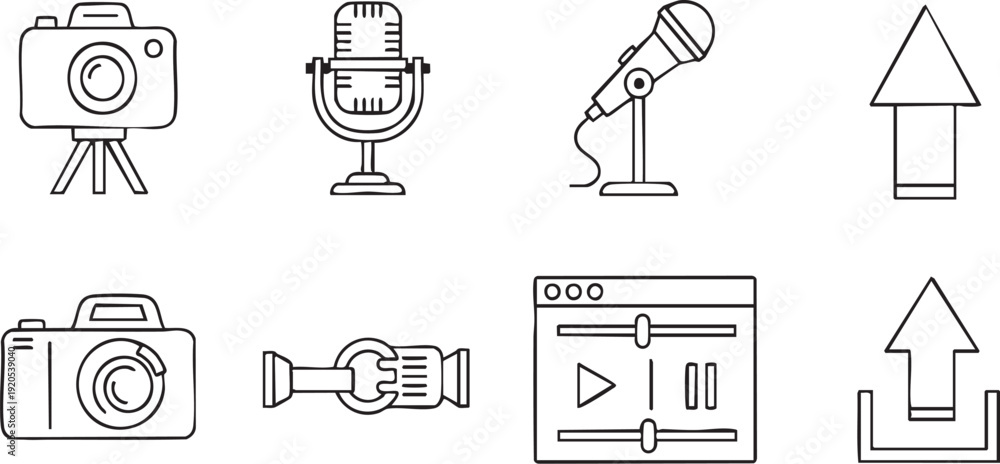 Obraz premium Modern line art icons for digital media and technology. Featuring cameras, microphones, and web player interfaces for content creation, online communication, photography, and videography