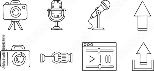 Modern line art icons for digital media and technology. Featuring cameras, microphones, and web player interfaces for content creation, online communication, photography, and videography