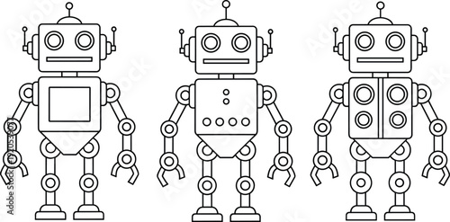 Cartoon robots standing side by side, square head design with antennas, mechanical arms and legs, futuristic technology illustration, artificial intelligence artwork