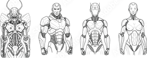 Four humanoid robots with unique designs, futuristic mechanical figures, cyborg and artificial intelligence artwork, science fiction concept illustration, advanced technology character set