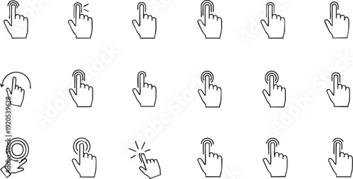 Collection of different hand cursor icons indicating a click or touch action, suitable for digital interfaces and user experience design
