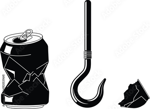Black vector silhouette set of crushed aluminum soda can a large metal hook and jagged debris for recycling environmental pollution and waste management branding