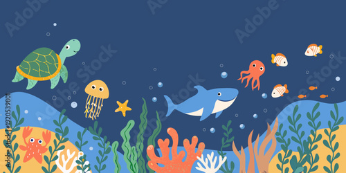 A colorful underwater scene featuring a turtle shark jellyfish and other sea creatures