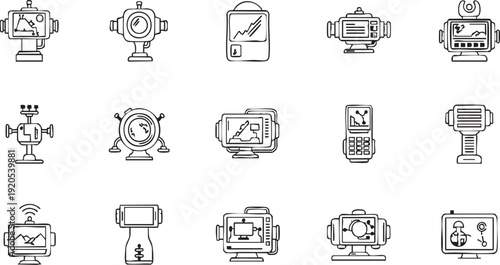Set of retro futuristic technological devices and machines with screens and antennas, presented as line art icons