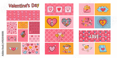 Valentine s day themed stickers and patterns in shades of pink and red