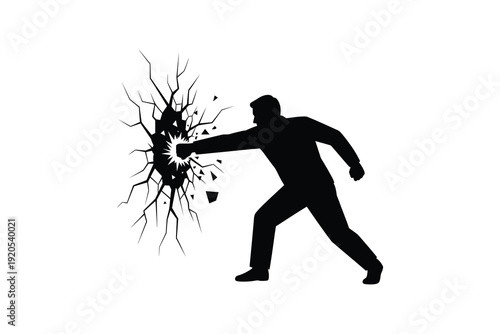 Man punching through wall silhouette - Silhouette of person breaking barrier with fist