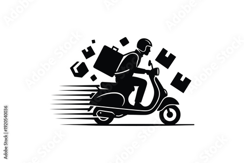 Fast Delivery Courier on Scooter with Flying Packages Silhouette - Speedy Food and Parcel Delivery Rider in Motion Vector Art