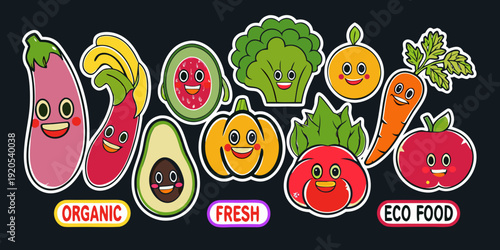 Cartoon fruits and vegetables with smiling faces and organic labels