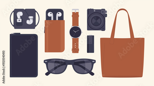 Collection of essential modern accessories for daily life, including eyewear, tech gadgets, and a tote bag