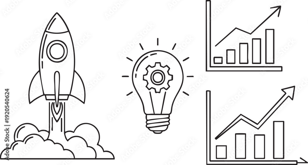 Fototapeta premium Collection of Business and Innovation Icons Rocket, Lightbulb, and Bar Graphs for Startup Growth and Strategy