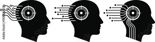 Set of black human head silhouettes with circuit board brains and target symbols representing artificial intelligence digital transformation neural networks and