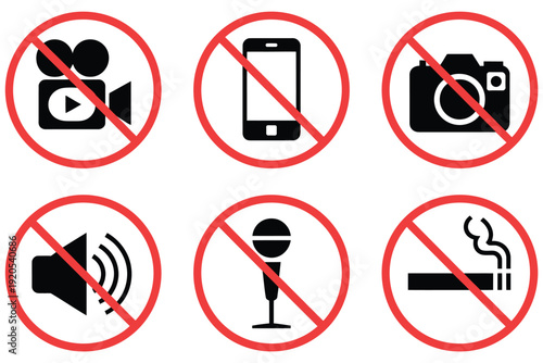 Prohibited ban sign vector collection including no smoking, no video recording, no mobile phone, mute, and speaker restriction icons, isolated warning and permission symbols for security, rules, and 