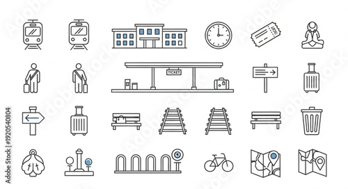 Collection of transportation and travel icons in sketch style.