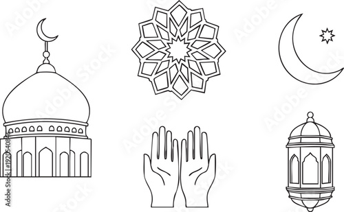 Islamic symbols collection including mosque dome, geometric pattern, crescent moon, praying hands, and lantern