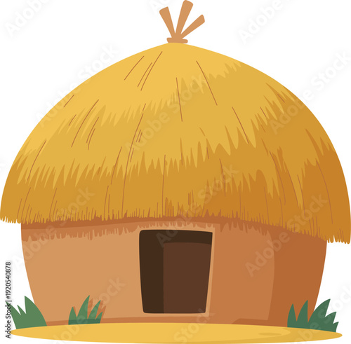 A round thatched hut with a brown mud wall and a small entrance surrounded by green grass thatched roof