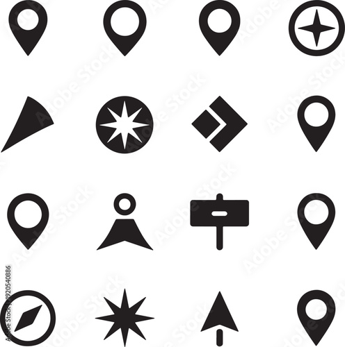 Map and navigation vector icon set, location pins and compass symbols
