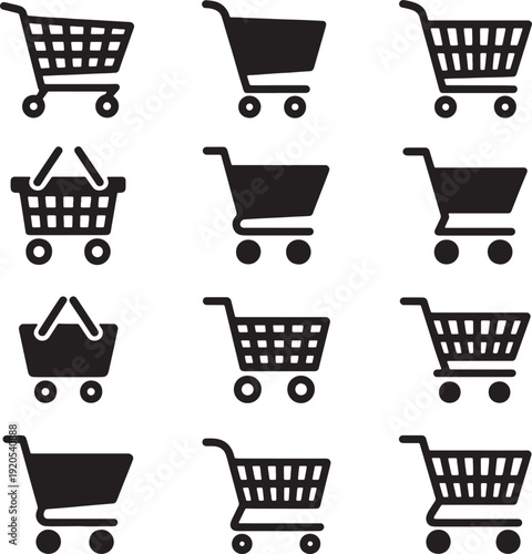 Shopping cart and basket icon set, retail store trolley vector symbols