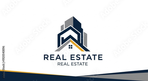 Modern Real Estate Logo with Abstract Buildings and House Icon.