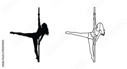 Silhouettes of women performing pole dancing poses against a white background