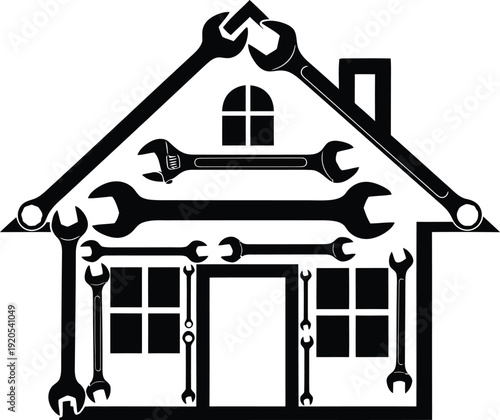 A pure black silhouette where the outline of a simple house is cleverly constructed or adorned with various wrench shapes, representing home repair, construction, or maintenance, on a white background