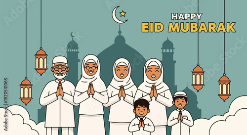 Happy muslim family in traditional clothing celebrating eid mubarak