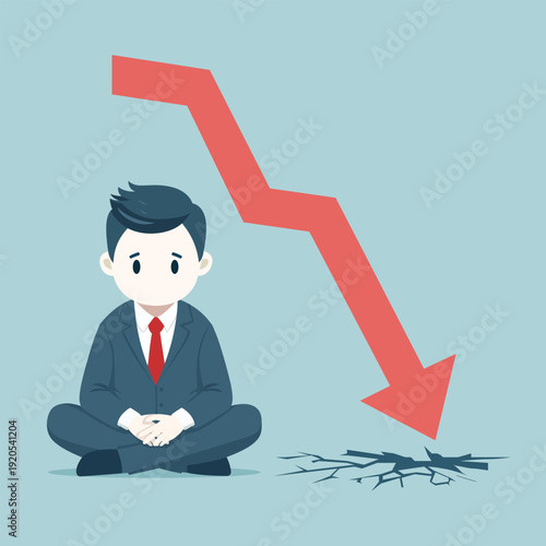 Businessman sitting on ground looking at a red arrow pointing down causing cracked earth