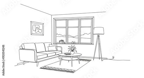 Living room sketch with sofa and window view.