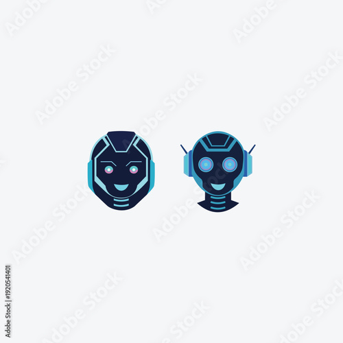 Two robot heads, futuristic android characters, technology icons, AI concept art, cute bots