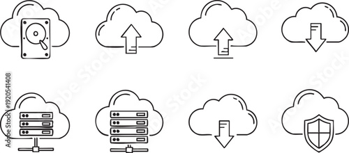 Modern outline icons for cloud computing, data storage, network infrastructure, and cybersecurity operations, illustrating various digital information services
