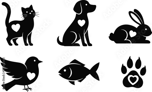 Black vector silhouette set of domestic pets including cat dog rabbit bird and fish with heart symbols for animal rescue veterinary care and adoption branding