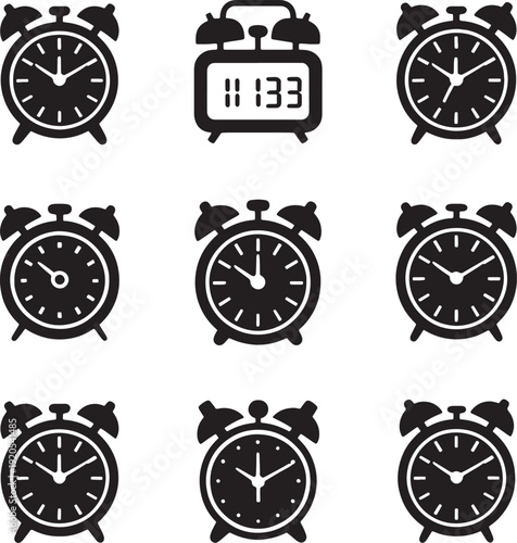 Alarm clock icon set, analog and digital timer silhouettes for time management vector