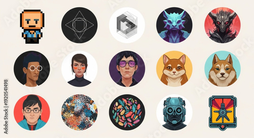 Collection of diverse digital avatar icons and symbols.