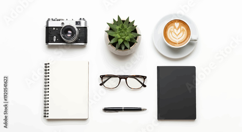 Camera, Notebook, Coffee, and Plants on White Surface