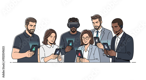 Team Collaboration, Virtual Reality, Office Environment, Illustration, Digital Interaction, Professional Setting, Engaging Technology