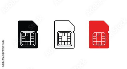 Three sim card icons in black white and red variations
