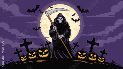 Grim reaper halloween background with full moon, flying bats, pumpkins, and graves in darkness