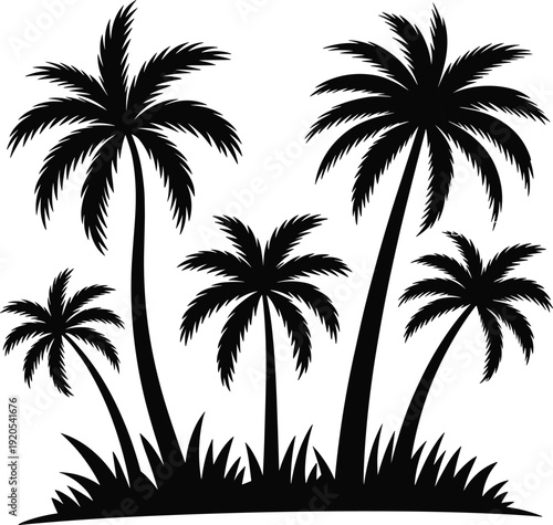Six black palm trees with fronds and grass on a white background silhouette tropical