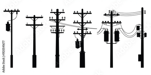 Black vector silhouette set of electric power poles and utility transmission lines with transformers and wiring for industrial infrastructure energy and electrical branding