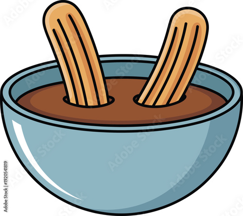 Two wooden sticks in a blue bowl with brown sauce food
