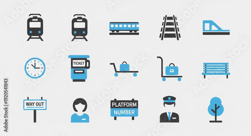 Collection of train station icons and symbols.