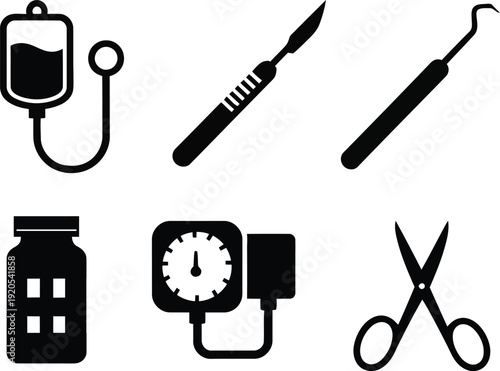PrintMedical and Surgical Equipment Icon Set - Scalpel, Scissors, Blood Pressure Monitor, IV Bag, and Dental Probe Vector Illustrations