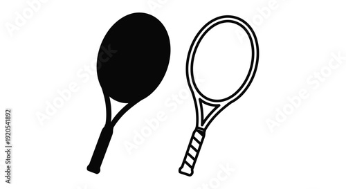 Two tennis rackets depicted in a simple black and white graphic
