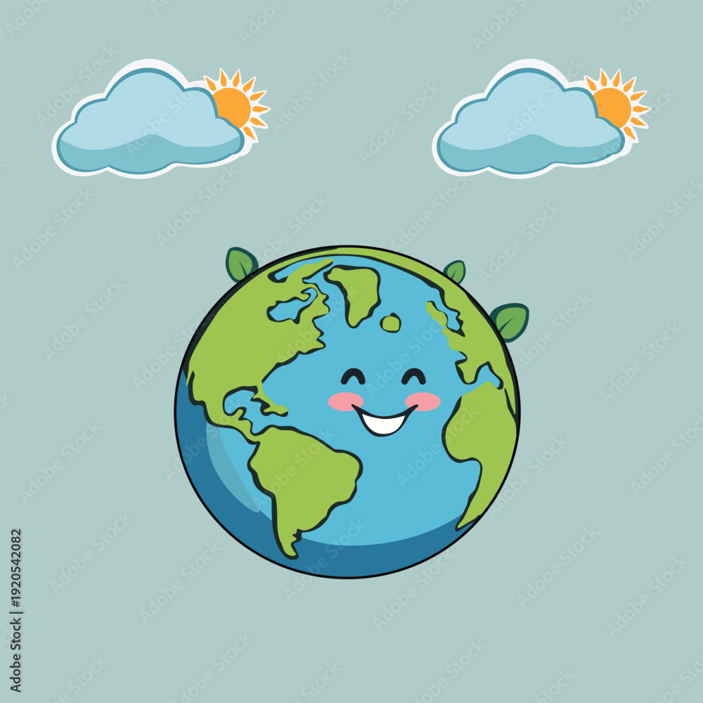 Fototapeta premium Happy cartoon earth with leaves and clouds in blue sky illustration