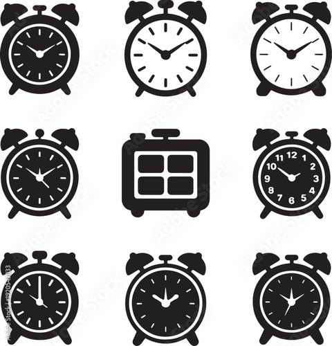Alarm clock icon set, analog and digital timer silhouettes for time management vector