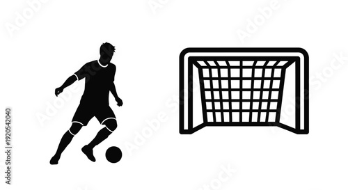 Silhouette of a soccer player dribbling towards a goal