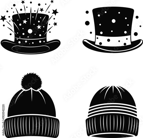 Black vector silhouette set of festive top hats with stars and winter beanie caps with pom poms for holiday celebrations and cold weather branding