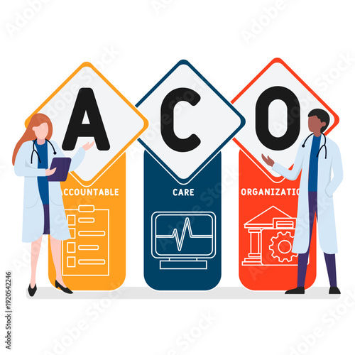 ACO - Accountable Care Organizations acronym, medical concept background. vector illustration concept with keywords and icons. lettering illustration with icons for web banner, flyer, landing page