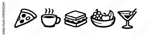 Hand-drawn food and drink icon set featuring a pizza slice, coffee cup, sandwich, fruit bowl, and martini glass in a black and white doodle style.