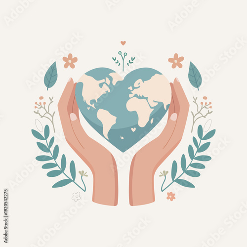 Hands holding earth in heart shape, with surrounding floral and leaf elements
